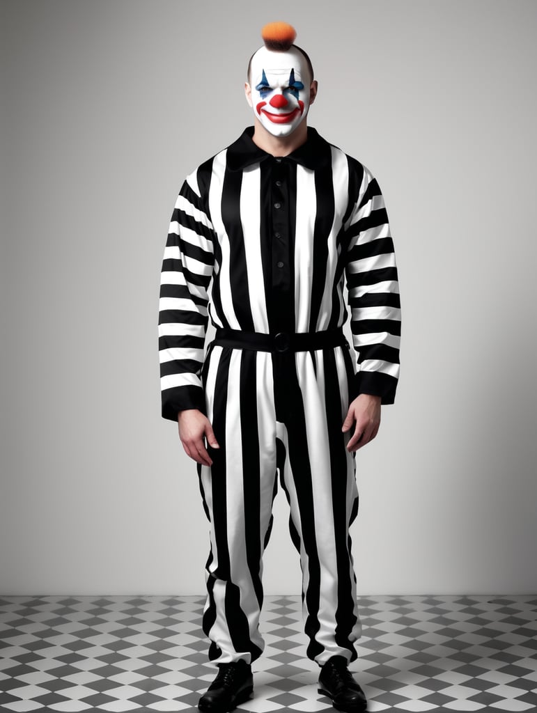 clown in a black and white stripes prison jumpsuit uniform