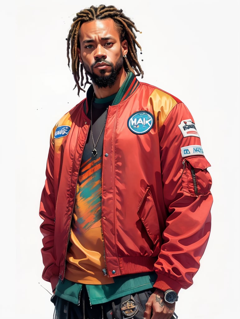 a man with dreadlocks on his head is wearing a colored jersey and a red bomber jacket