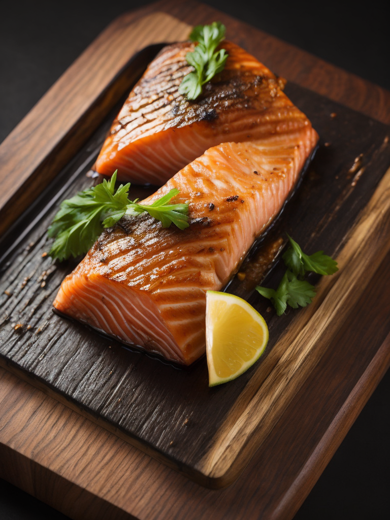 macro photography of a grilled piece of salmon with grilled vegetables. on a wooden board black background