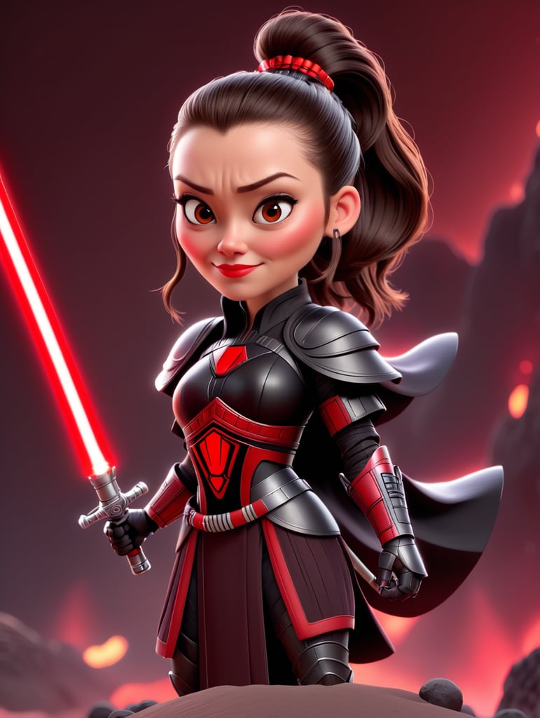 Crazy, funny 30 year old female, pale skin, straight dark brown hair tied in a ponytail, dressed as a Sith Lord with black cloak holding red lightsaber on lava planet One person only.