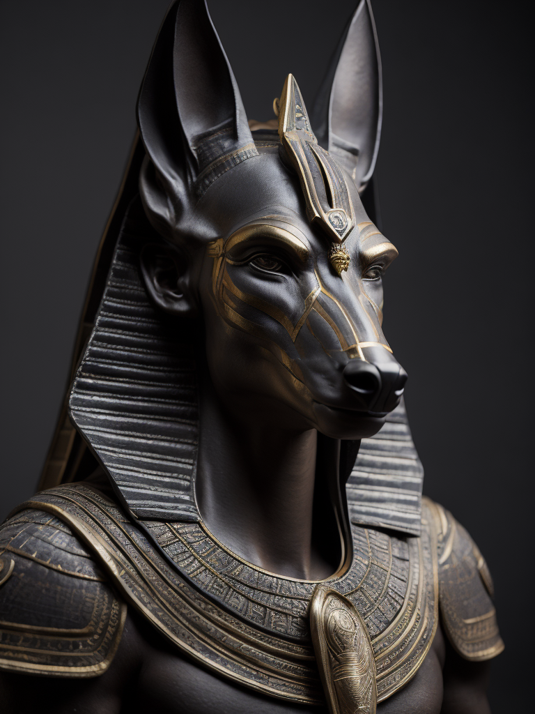 Egyptian god Anubis, portrait, hyper-realistic, dark style, focus on face, sharp on details, black background