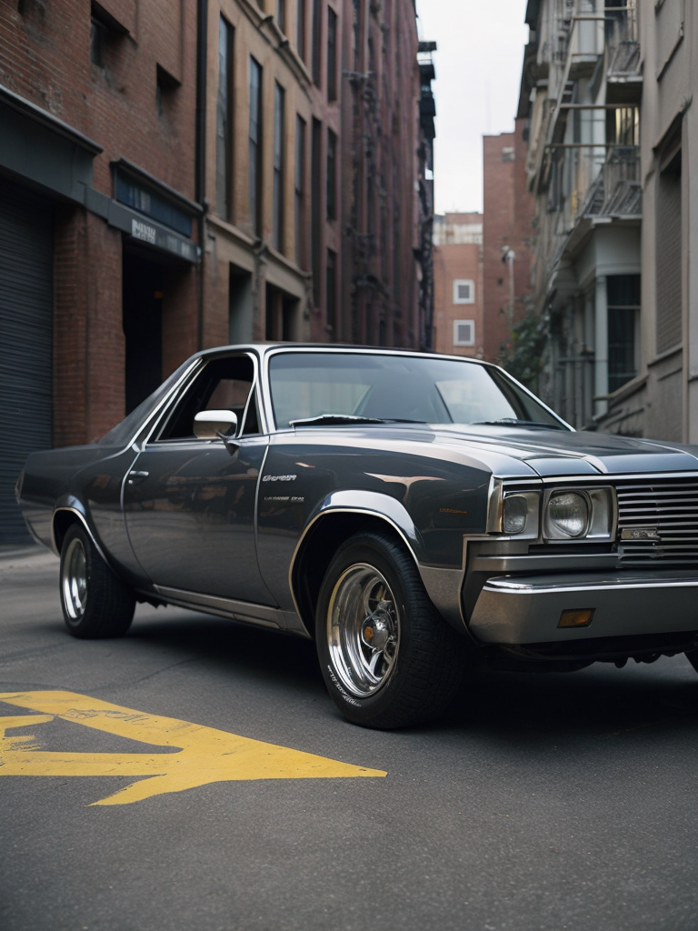 Futuristic 1983 Silver Chevy El Camino chrome rims pin stripe glossy paint graffiti alley trash dumper in background downtown