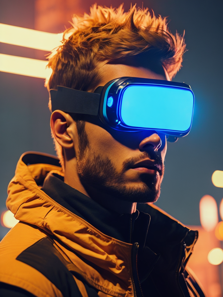 Man wearing virtual reality glasses, cyberpunk style, neon colors, bright colors, bright blue glowing glasses, sharp details, contrasting light
