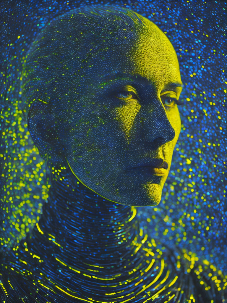 Fine Art Fluorescent Pointillism Sci-fi Surrealism Photography, Futuristic Abstract Robot, Portrait made of hyper-detailed transparent frosted plastic, Moebius Bernard Buffet, van Gogh, Vermeer, Erin Hanson, Pierre Soulages, National Geographic, textured depth, vibrant fluorescent hyperrealism photo