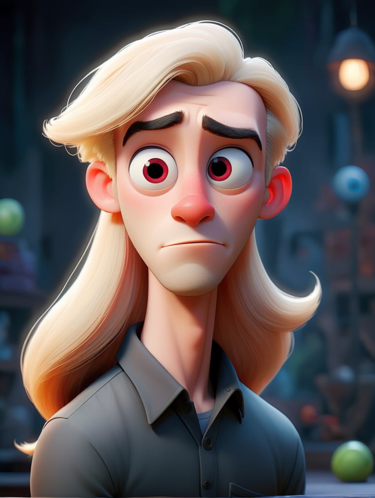 Young pale man, red eye, very long blonde straight hair