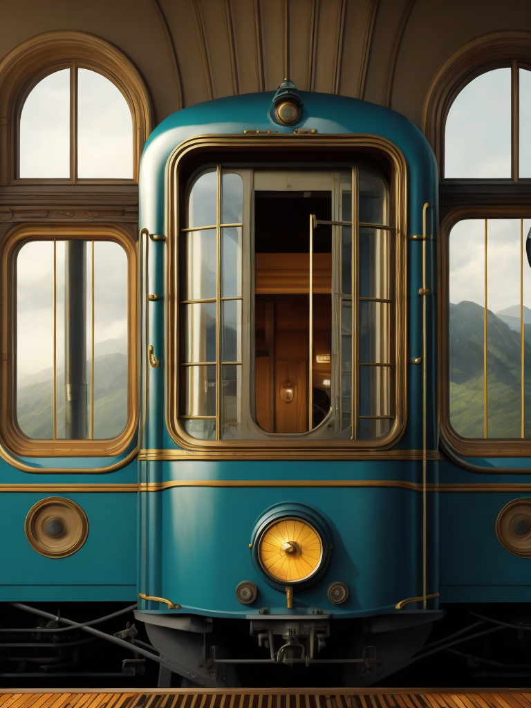 a train locomotive on wheels, art deco, art nouveau, streamline, front window, steampunk, tall