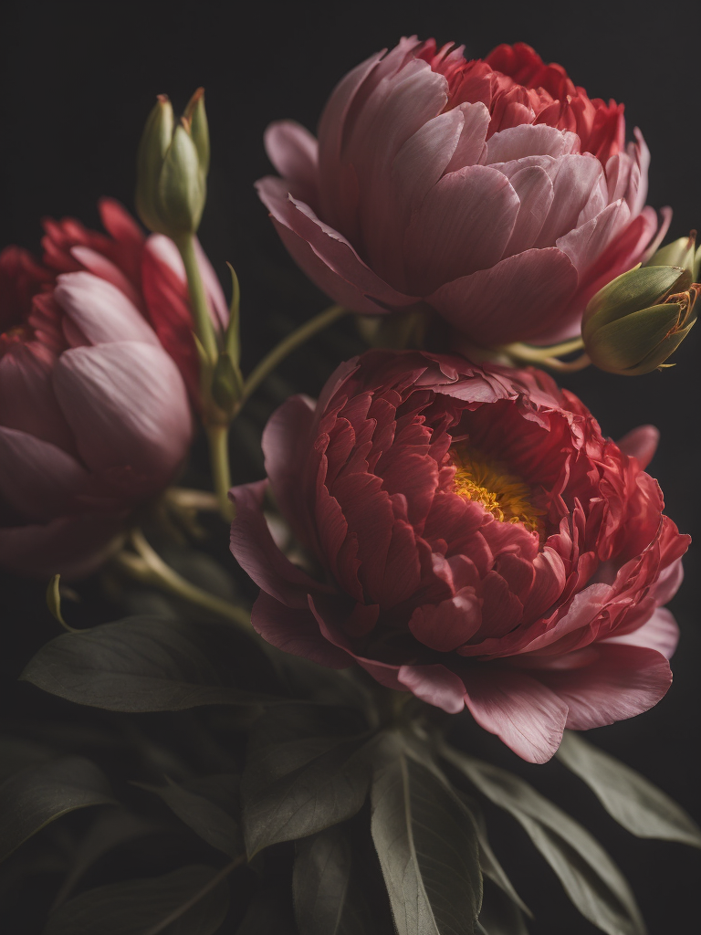 beautifully red peonys, bright and saturated colors, elegant, highly detailed, sharp focus, bright expressive, incredibly high detailed, with black background