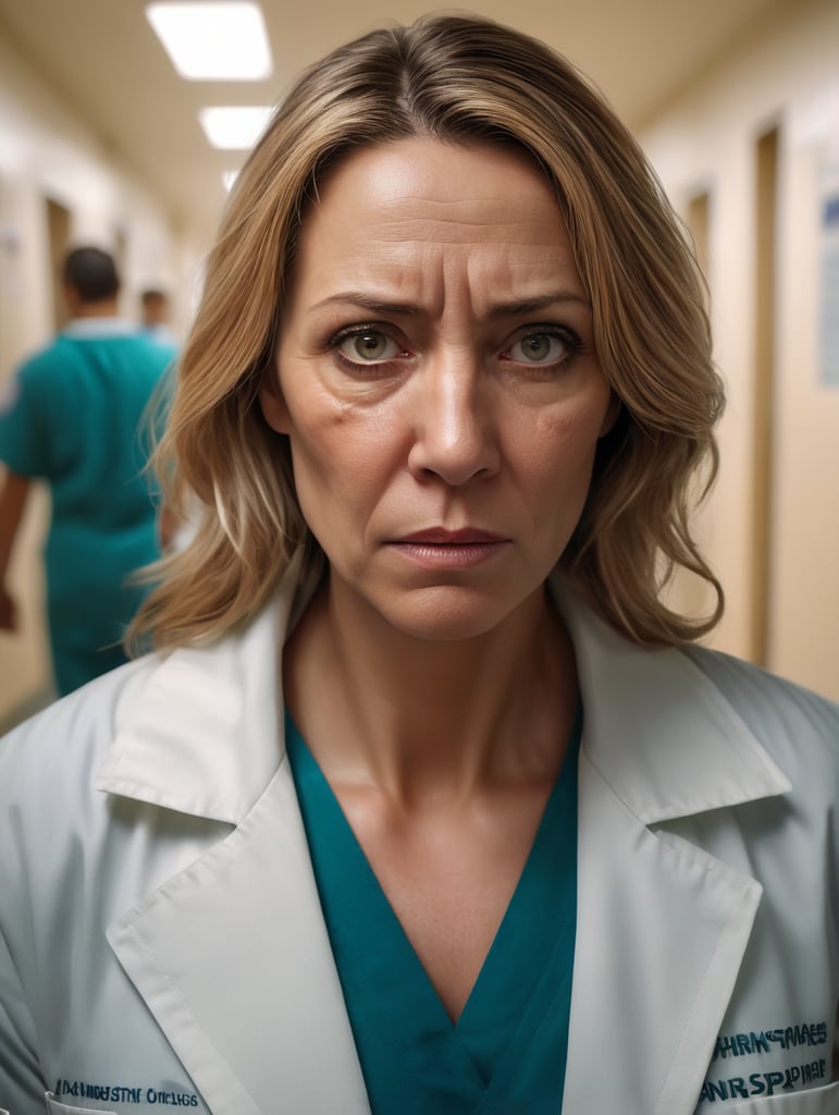 a 40-year-old female doctor, very tired, with an aged face, in a dirty white coat, unmotivated, working night shifts in a crowded hospital corridor, with many patients and nurses along the corridor. Wide view, vignet effect, light focus on face