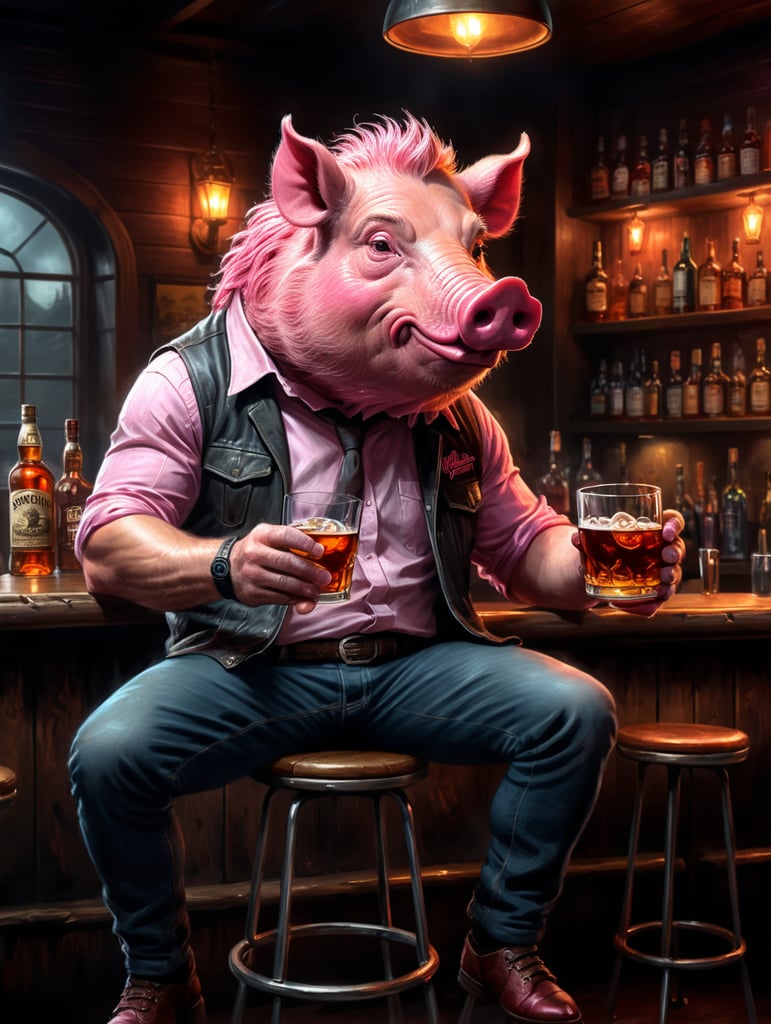 A pink hog sitting on a bar stool drinking a glass of whiskey