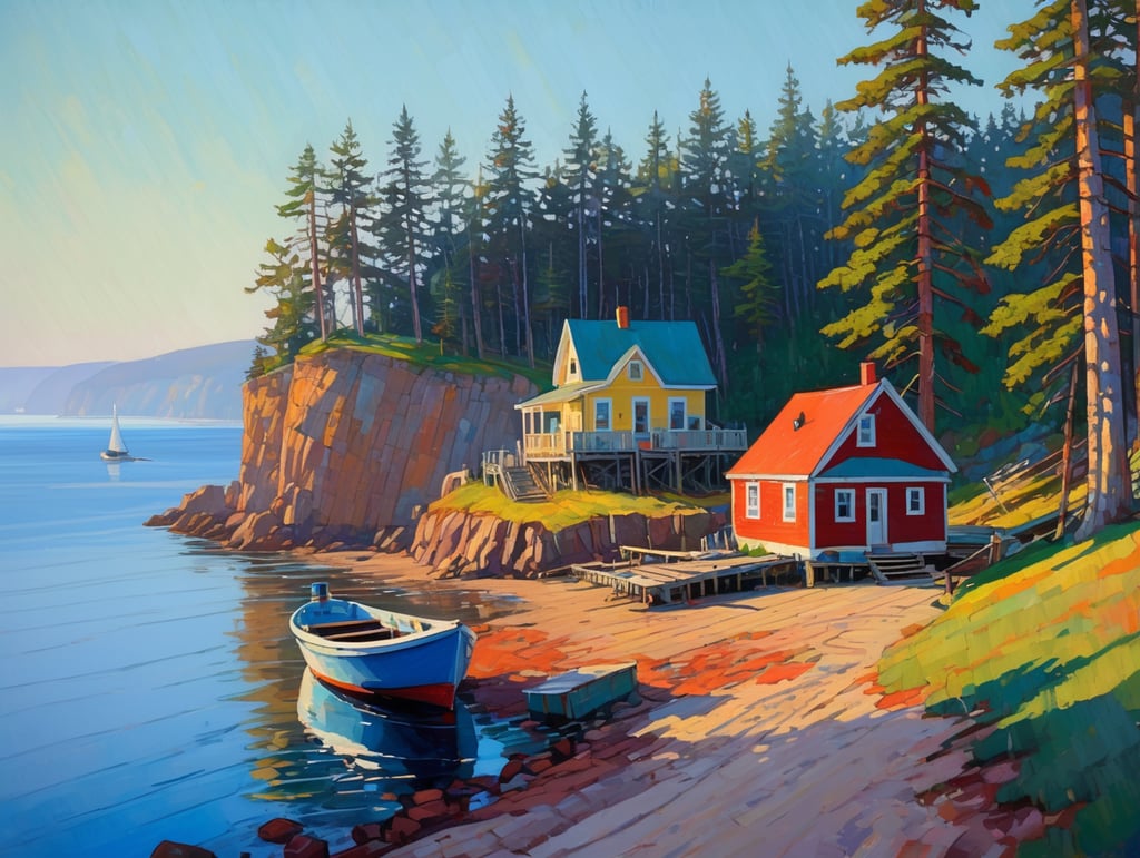 Ocean, seashore, some gaspé cliffs, labrador landscape, rpg style, erin hanson, trees, boat, quay, wharf, morning light with long shadows and mist, some fog, house, painting, hill, spruce tree, some sand