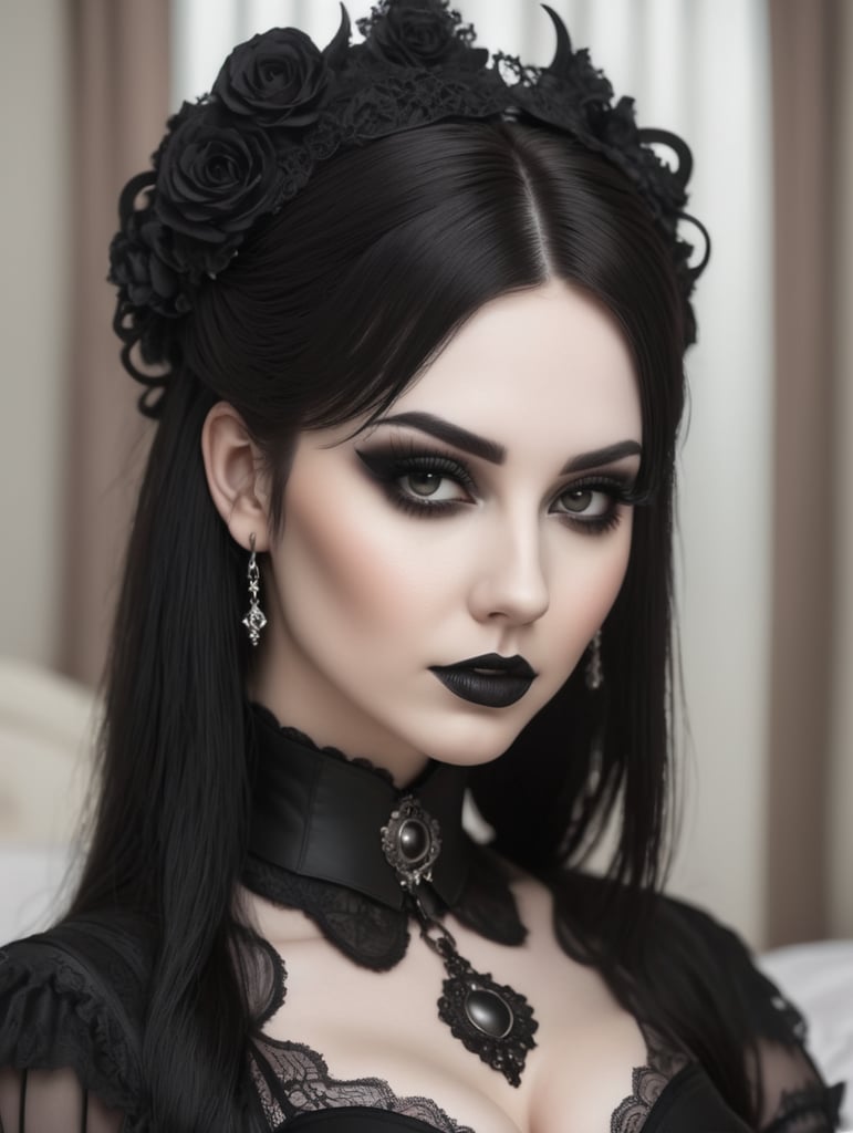 Beautiful goth girl wearing a corset full body G cup sitting on a bed