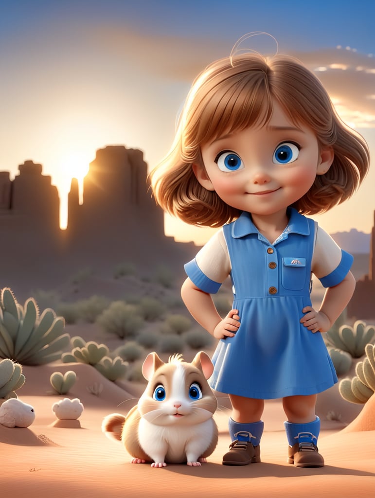 short light brown haired little girl with blue eyes, hugs her tiny brown and white hamster in the Arizona desert with the sun setting in the background