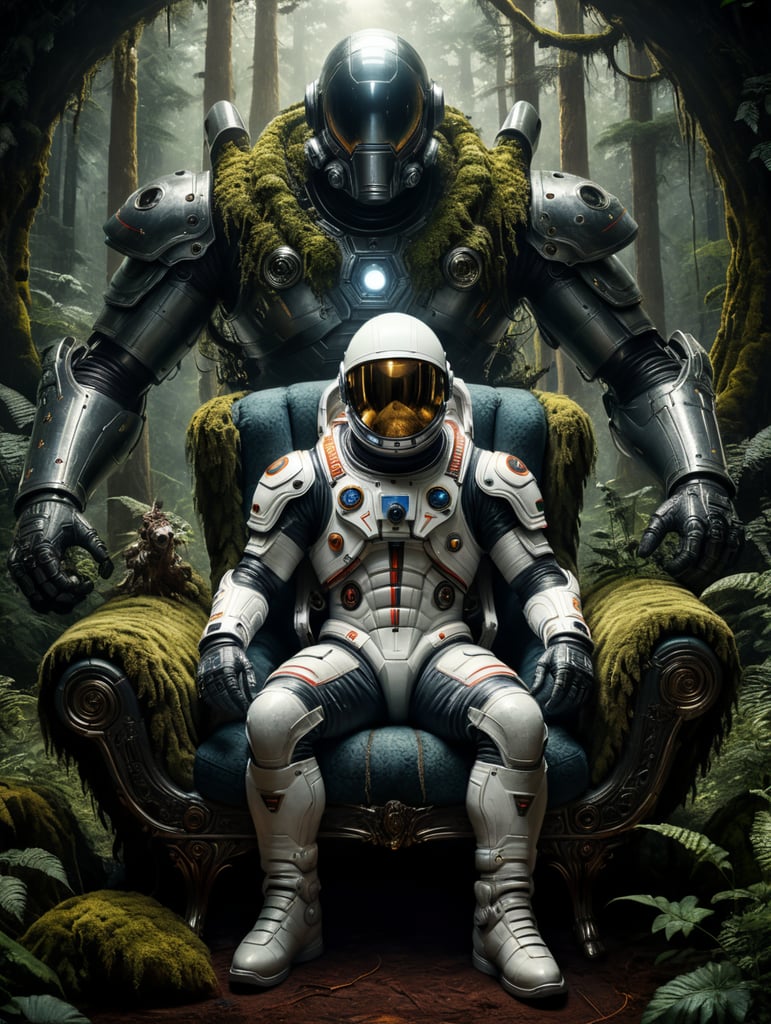 Spaceman sitting on a couch in the middle of a dark forest