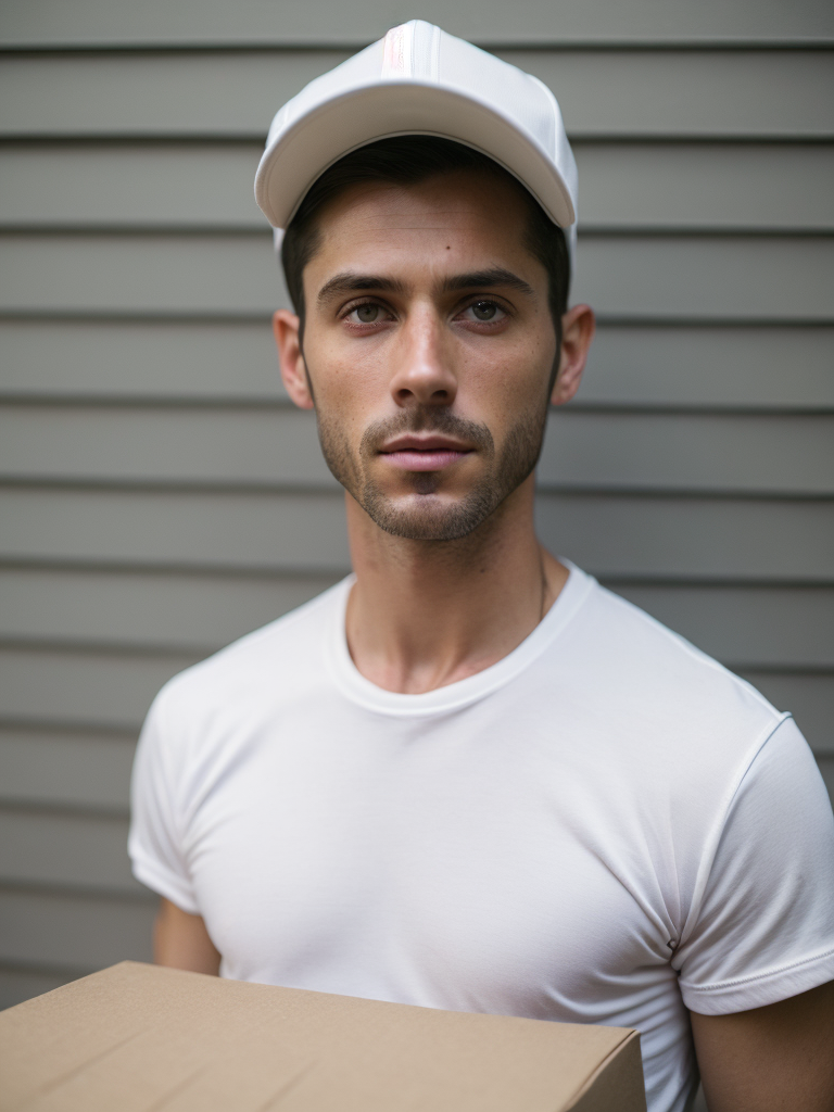 portrait of a delivery man, wearing a white cap and white t-shirt, holding a box