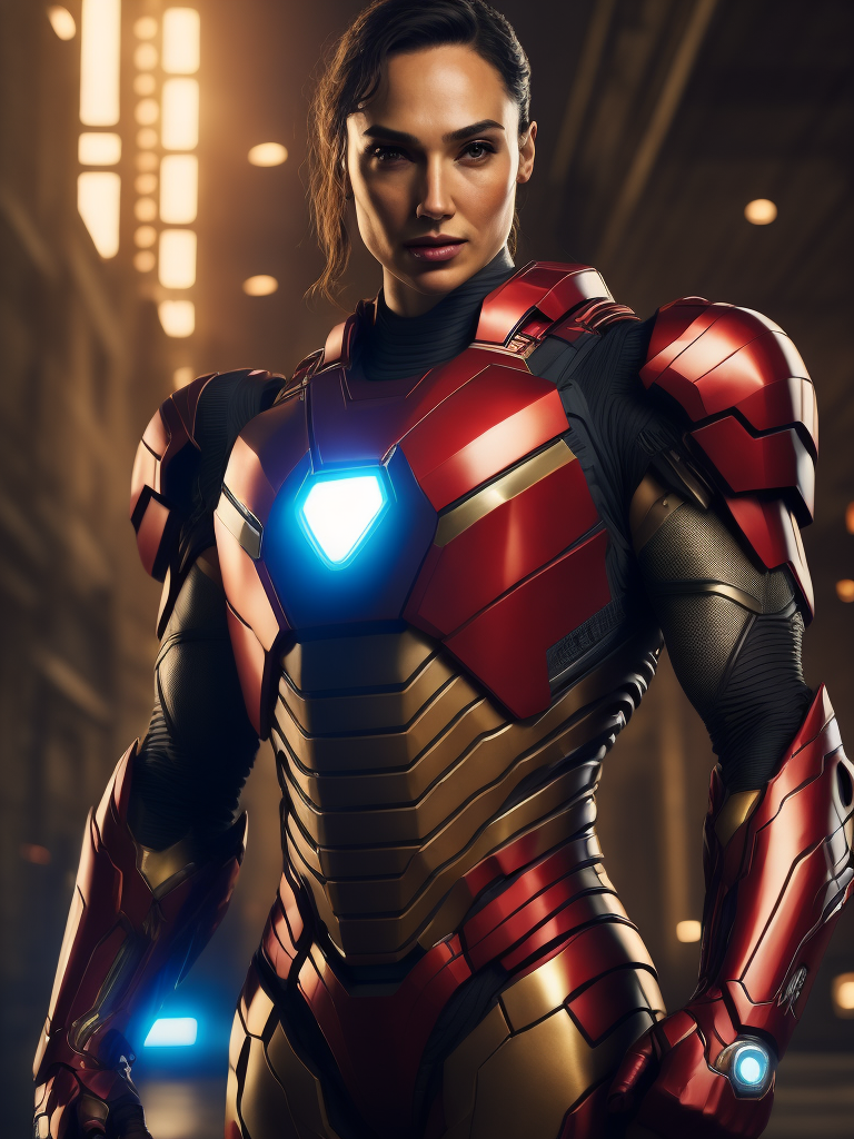 gal gadot in the Iron Man suit from the Marvel Universe, Full body, high definition, photography, cinematic, detailed character portrait, detailed and intricate environment, Bright red color