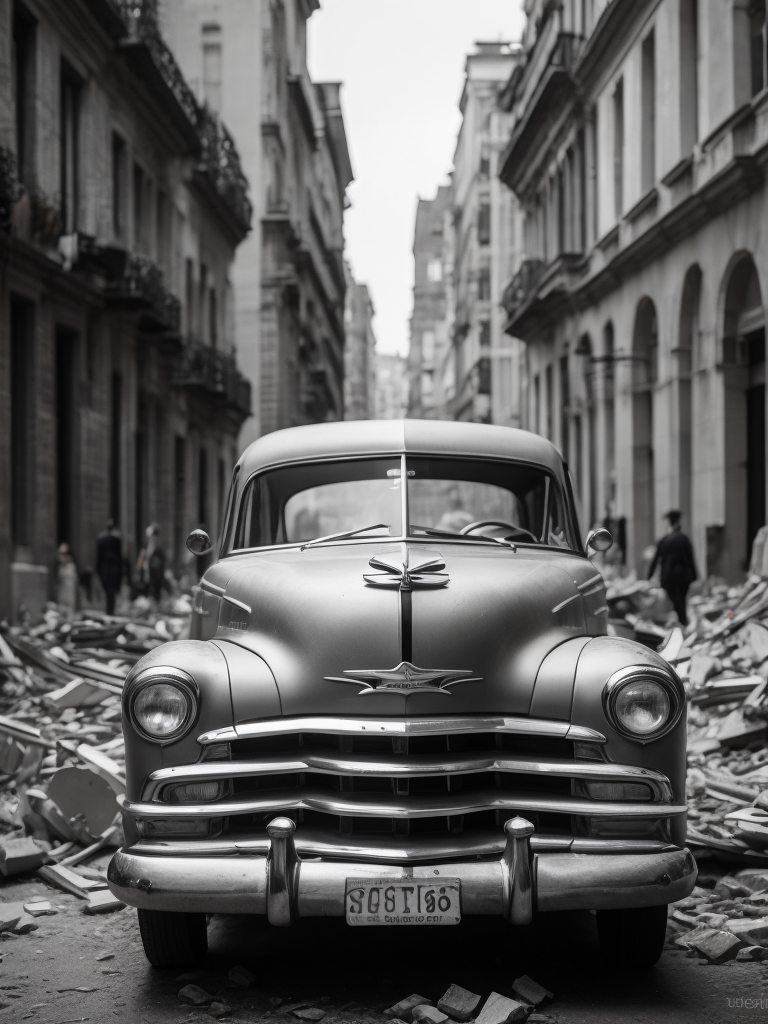 black and white photo of a 1952 Gray Chevrolet goes through bombed European city, world war 2