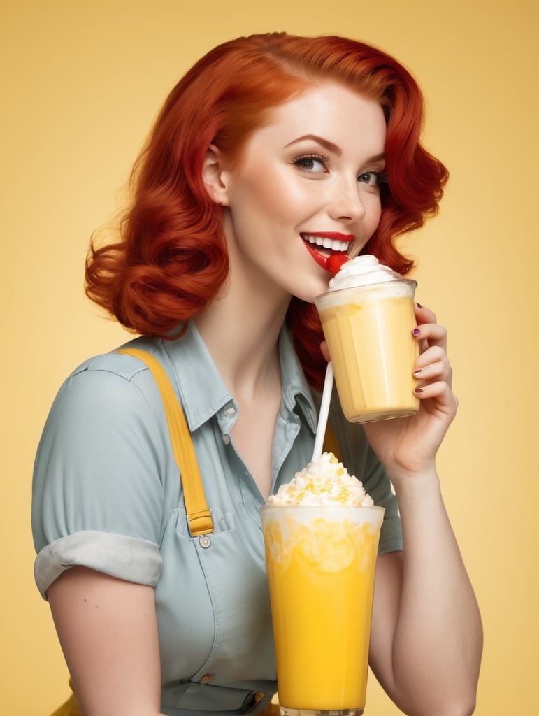 positive-red-haired-girl-drinking-milkshake-studio-shot-blithesome-pinup-lady-isoldated-yellow-space