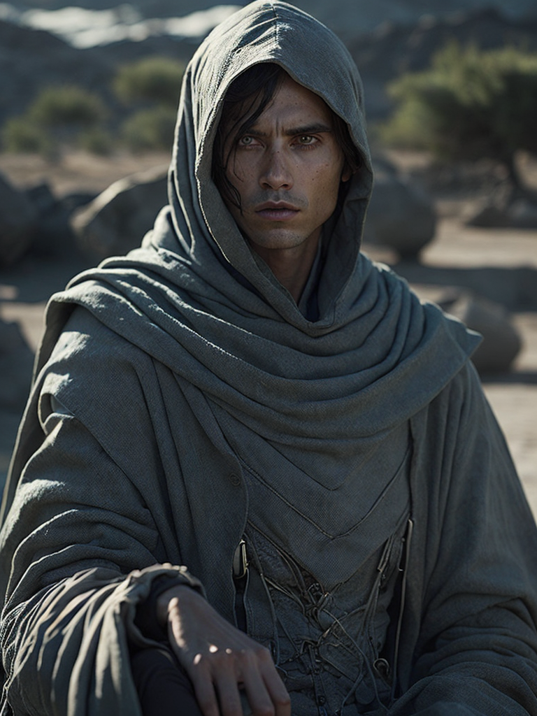 The Moon Knight dissolving into swirling sand, volumetric dust, cinematic lighting, close up portrait