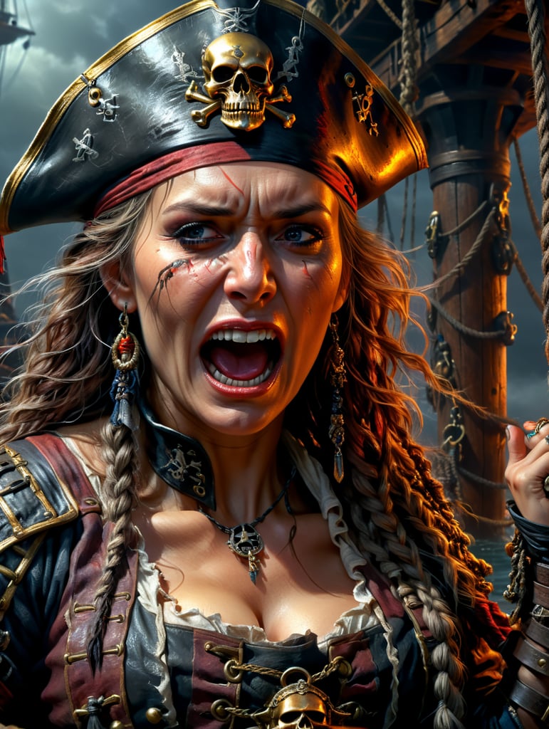 A beautiful pirate captain held captive, her hand tied up and she is crying in fear