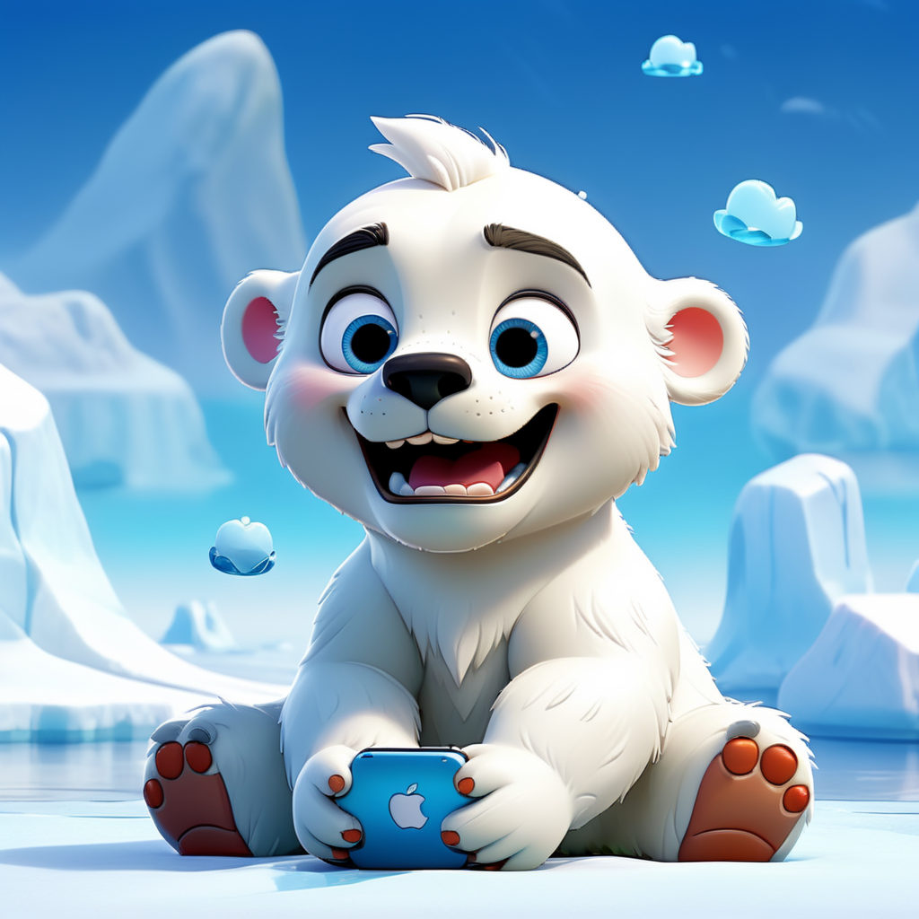 Polar bear baby with blue eyes sits on an ice floe and and has an apple mobilephone in his hand. Tall icebergs in the background with flowers blooming on them. Bright blue sky with small white clouds.