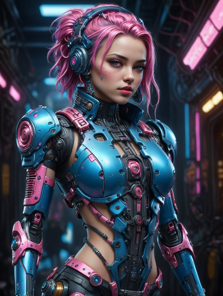 Beautiful girl cyber punk, pink and blue full body