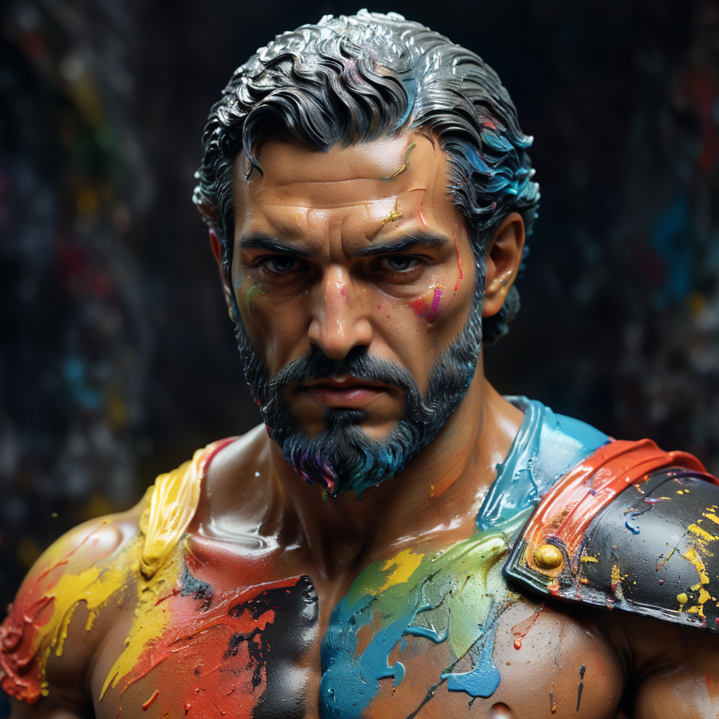 greek male bust with colorful paint, melted, the paint is flowing, aesthetic background