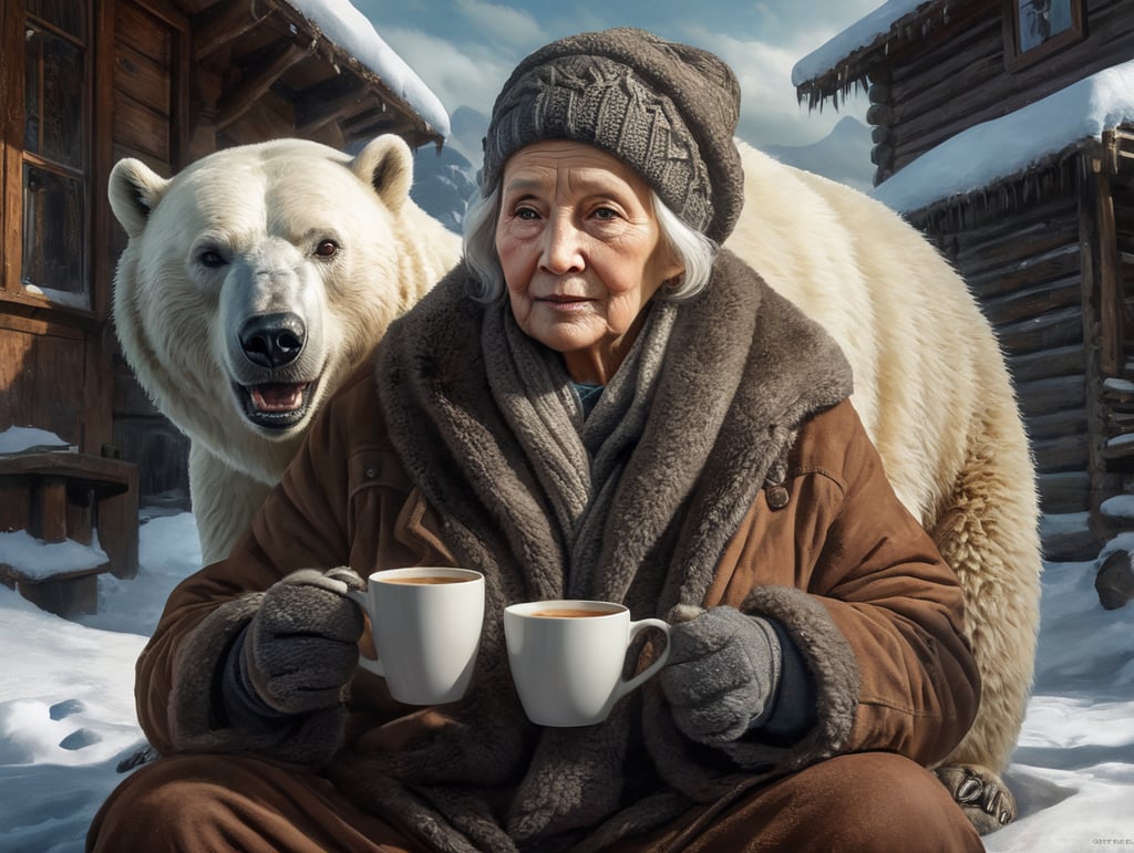 portrait of old woman sitting, holding cup of coffee with both hands, drinking, wearing thick winter clothes, big friendly polar bear sitting right next to her with paw hugging the woman, outdoor polar location, ice and snow, cold environment, highly detailed