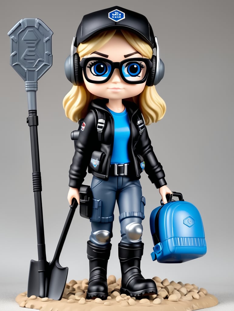 Female funko pop character with short length straight blonde hair wearing black cap and headphones wearing blue spectacles black clothes with grey wellies and knee pads and holding a metal detector and holding a spade with a back pack on and a tool belt around the waste