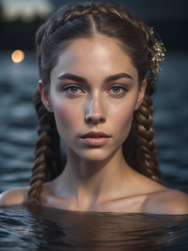 realistic looking mermaid in dark water with viking braids and a stern face beautiful at night with a lot of detail