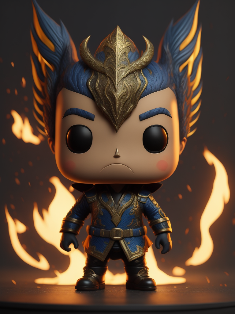 Full body 3d render of funko pop FIRE PHONIX IN blue JACKET, Indonesian face, smile