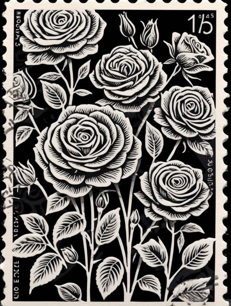 Black and white linocut postage stamp rose garden thick bold dark lines