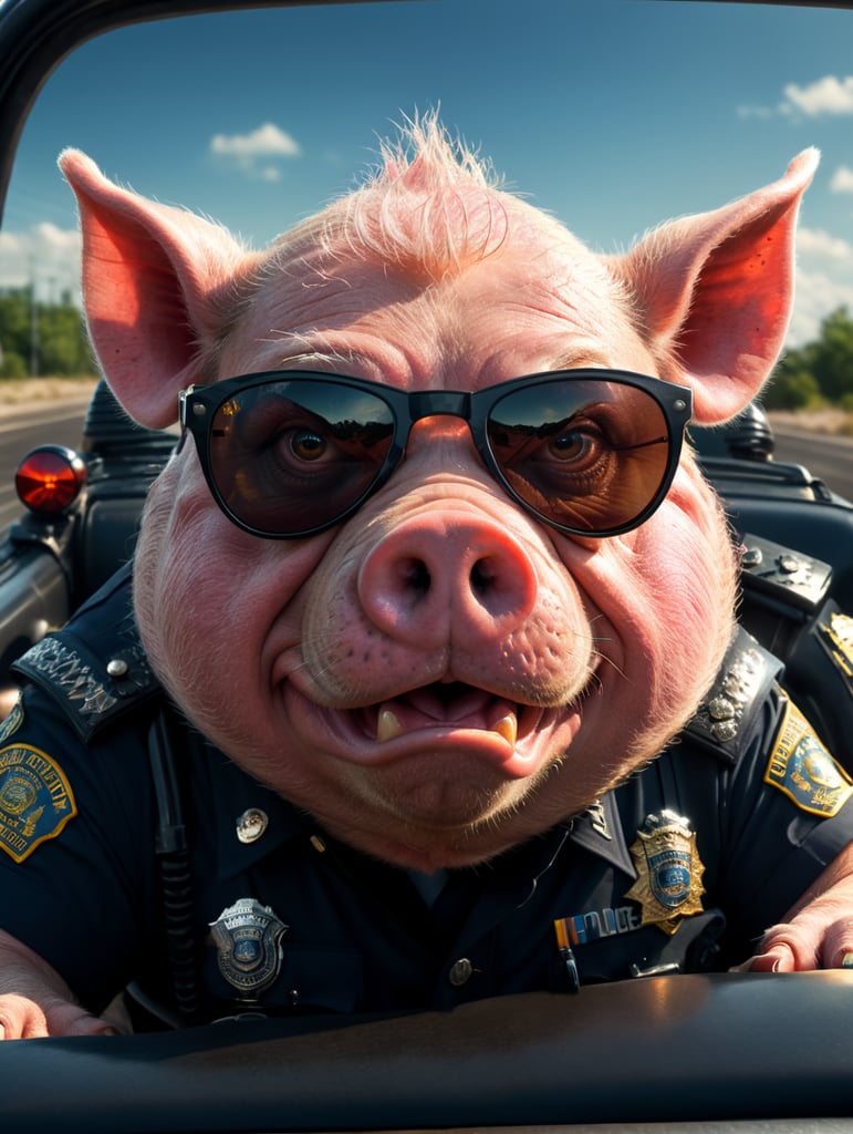 A angry pig police officer, sitting behind the wheel of a police car, close-up shot, sunglasses, clipart, stock photo