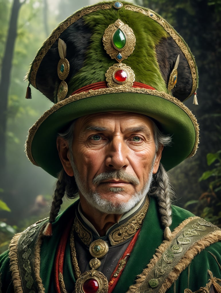 Retro portrait, an old Austrian hunter wearing Green Tryolean Hat and traditional costume