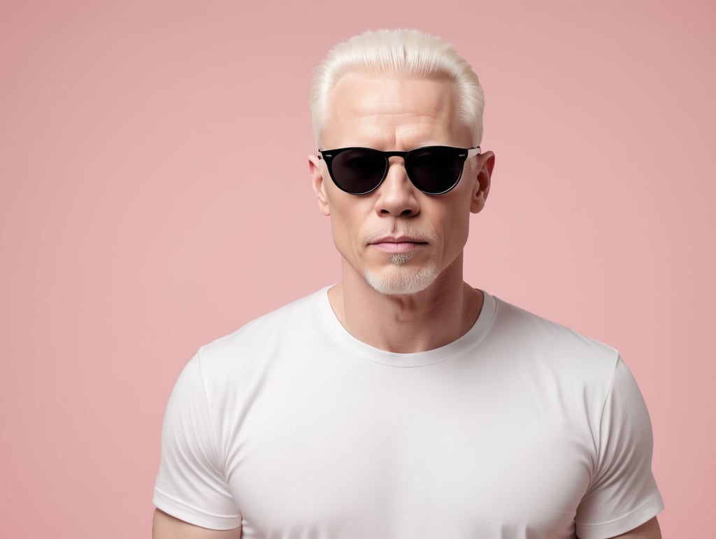 A middle-aged albino man wearing a white T-shirt, wearing black sunglasses, Contrasting studio light, isolated, pink background, mockup, mock up