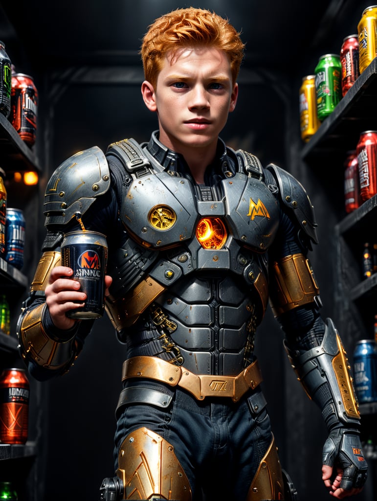 Ginger boy with metal braces and energy drink, full body, original art