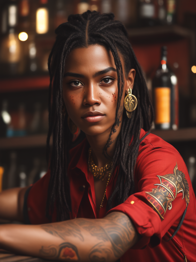 beautiful indigenous teen girl, tattoos, gang member, red shirt, in a bar, piercings