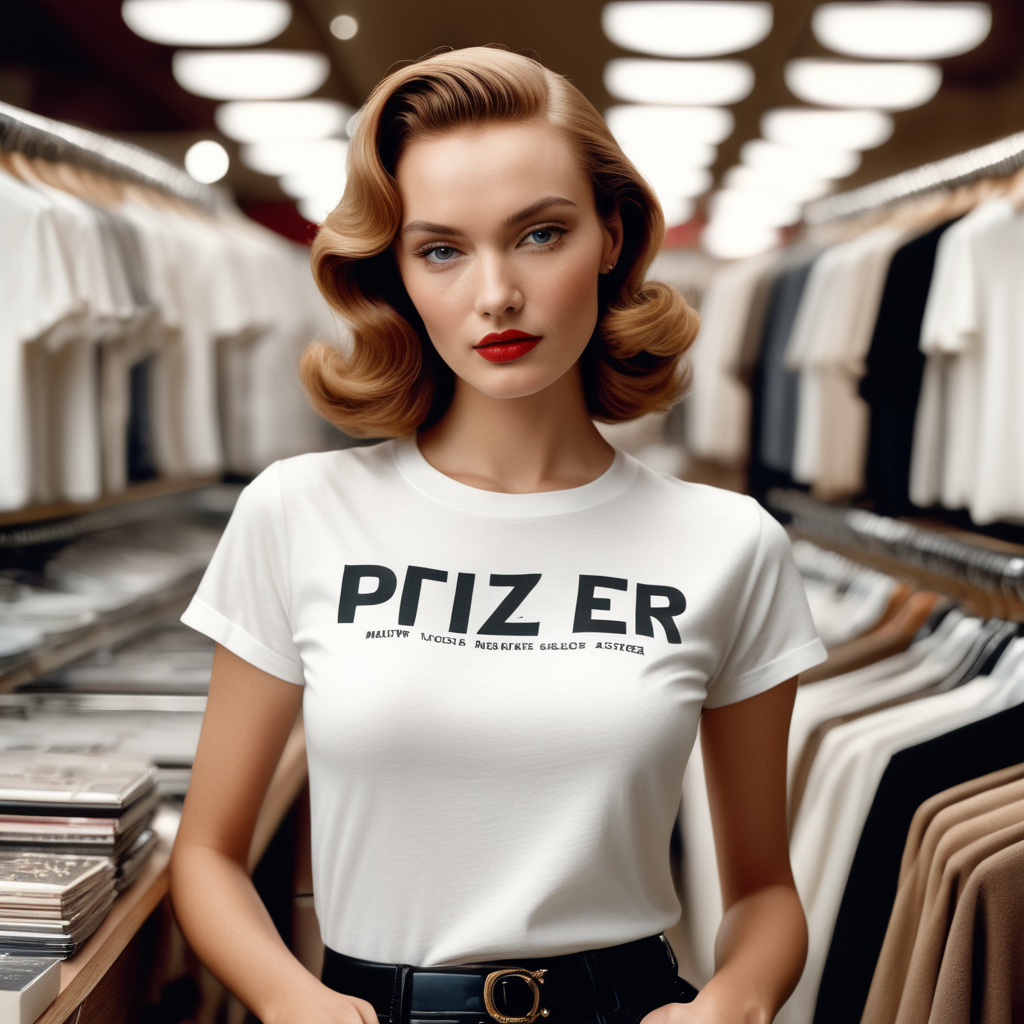 Extremely detailed photographic image, grained image, beautifully composed, monochrome image, 50's fashionable image, fashionable magazine photography, leica summicron 35mm f2.0, kodak 400tx, fashion photography, fashionable model, william s. burroughs, Woman wearing blank white T-Shirt in Clothing Store Mockup, mock up