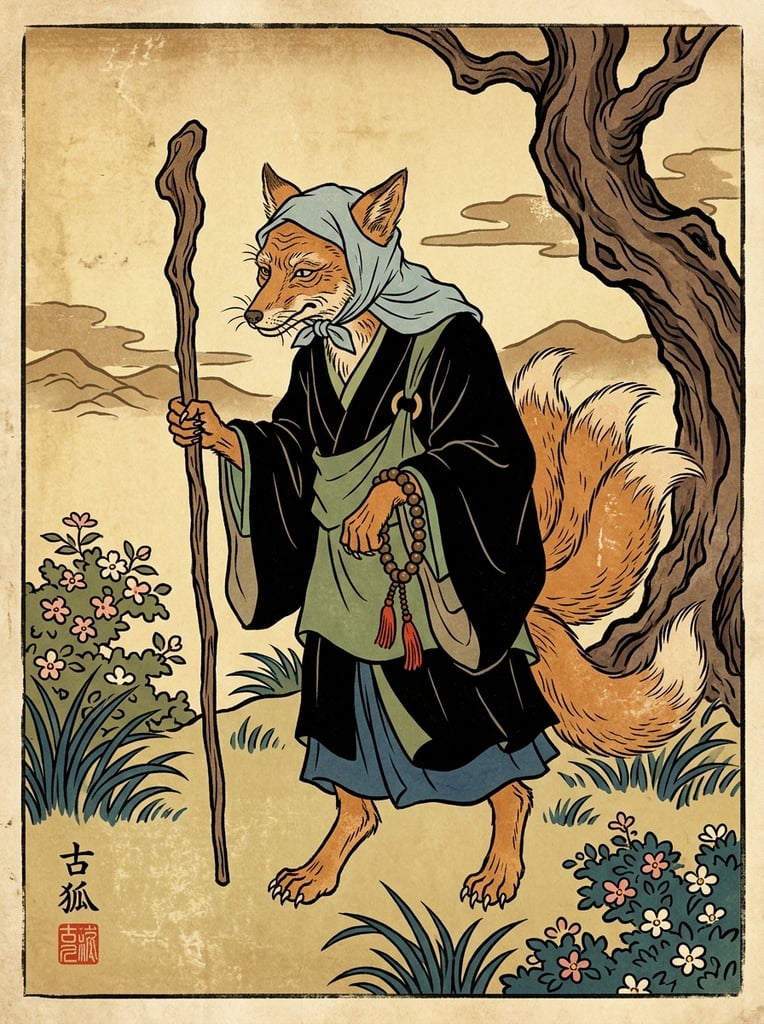 elderly fox-like humanoid, traditional woodblock print style, wearing a pale blue head-covering and wide-sleeved black robe over green garments, gripping a tall wooden staff, beaded rosary on wrist, bare clawed feet, golden beige background with stylized grass, textured brown tree trunk, green bushes with small pink flowers, muted earthy tones, prominent black ink outlines, vintage paper texture