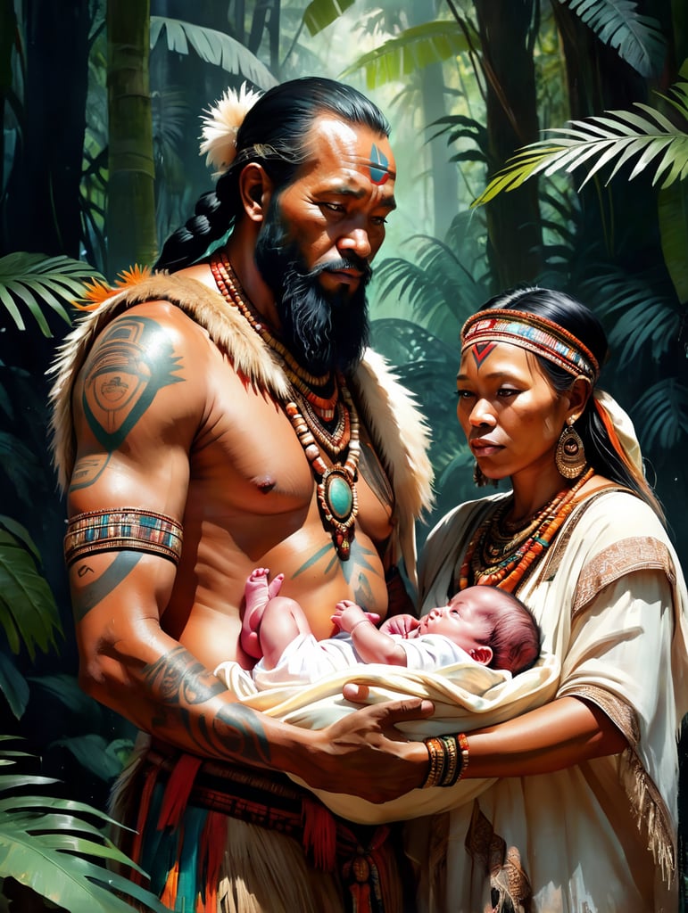 four papa new guinea tribes people in authentic jungle clothing, holding a new born white caucassian baby