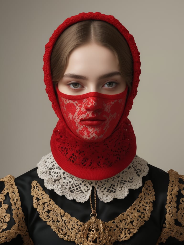 The girl is dressed in a red balaclava and a baroque collar, Romina Ressia style