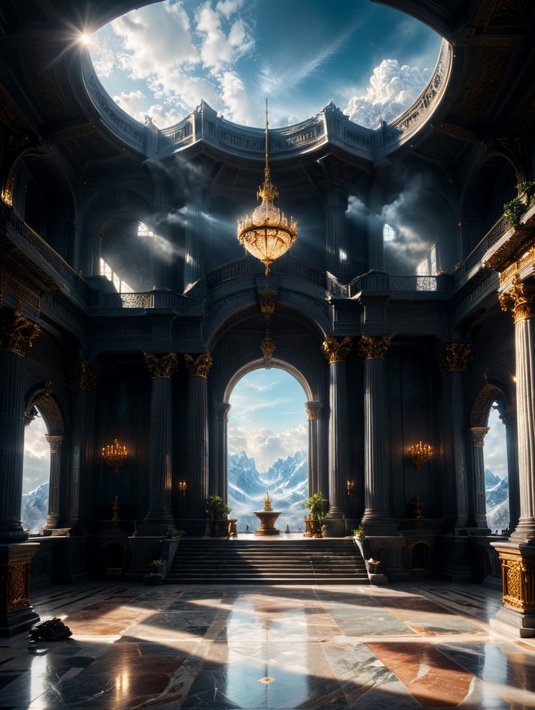 Bold, grand, intricate, icy, airy, royal, House of Boreas Wind:: a large open space of the hall with a high throne in the center, icy openwork columns, cold marble of the floor, huge windows, opening the expanse of the sky with clouds, bright sun pouring through the windows, light fabrics with frosty patterns fluttering in the wind:: impression of lightness, transparency, coldness:: amidst an awe-inspiring art scene, inducing sensations of chill and majesty,