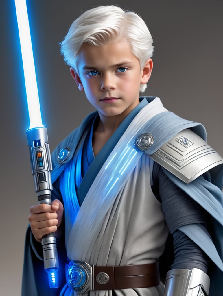 Star wars young Padawan boy with white hair, cybernetic arm, and has a prism colored light saber and blue gray Jedi robes