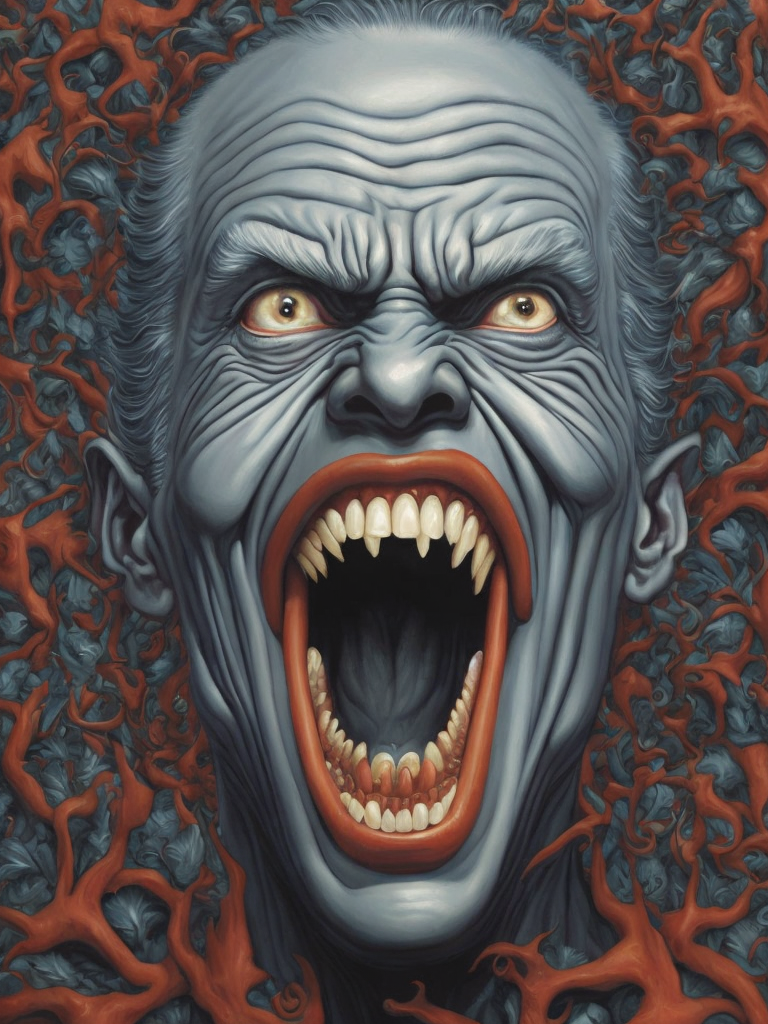 a painting depicting the head of a man with teeth, in the style of artist alex gross, dynamic colors, clear focus, surrealism, psychedelic overload, steve sack, highly detailed figures, nightmare, exuberant