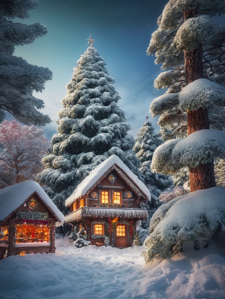 A close-up landscape photo of a off-center frosted winter pine tree and layered snow in the theme of a Christmas village, bright and saturated colors, depth of field