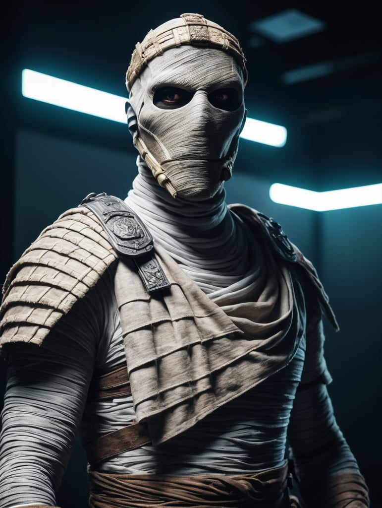 A photograph of mummy costume covered in bandages for a male character with fortnite style, halloween costume, white background, full body