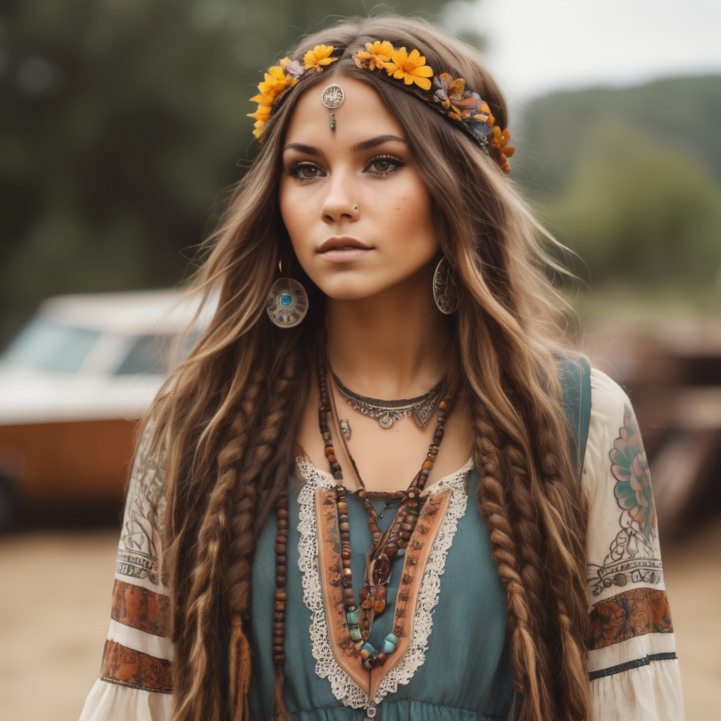 make a 70s hippie girl with brown long hair. her left arm has tattoo sleeve. she has dreadlocks underneath her hair. she’s wearing a bohemian style dress like a hippie. hazel eyes. nose ring.