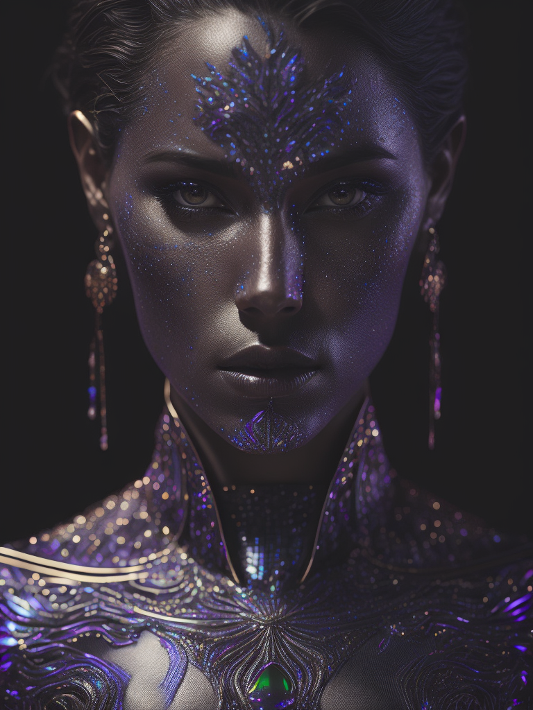 Mesmerizing Holographic face materials shimmer in motion, Photography in the style of Rankin