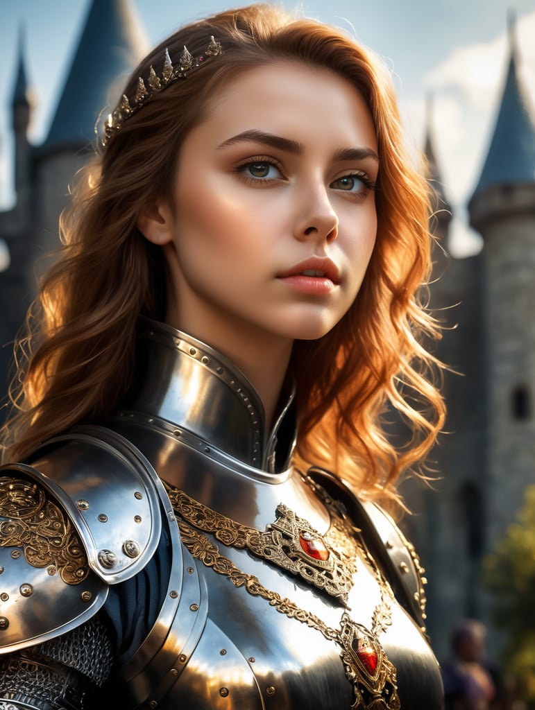 (masterpiece), (extremely intricate:1.3),, (realistic), portrait of a girl, the most beautiful in the world, (medieval armor), metal reflections, upper body, outdoors, intense sunlight, far away castle, professional photograph of a stunning woman detailed, sharp focus, dramatic, award winning, cinematic lighting, octane render, unreal engine, volumetrics dtx, (film grain, bokeh, blurry foreground, blurry background), crest on chest