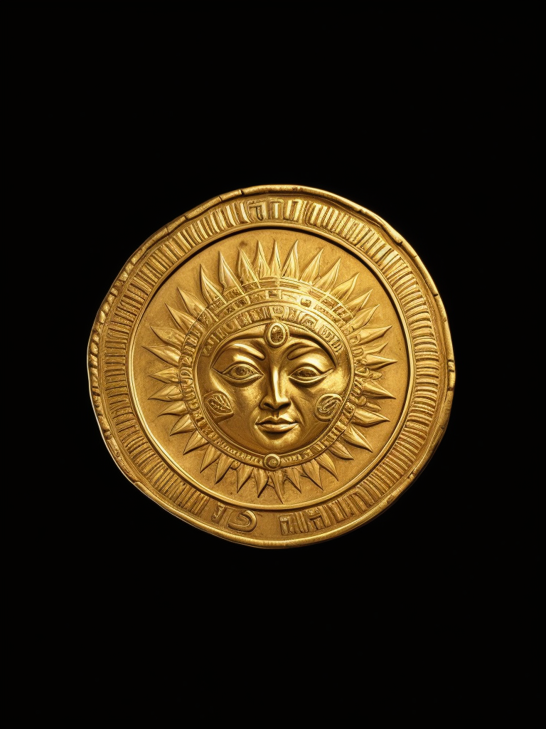 ancient gold carved coin with sun face, deep carved gold