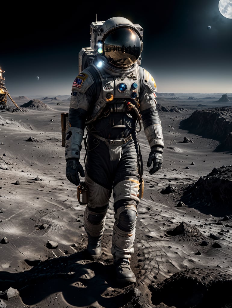 Astronaut walking on the surface of the moon with earth in the far distance